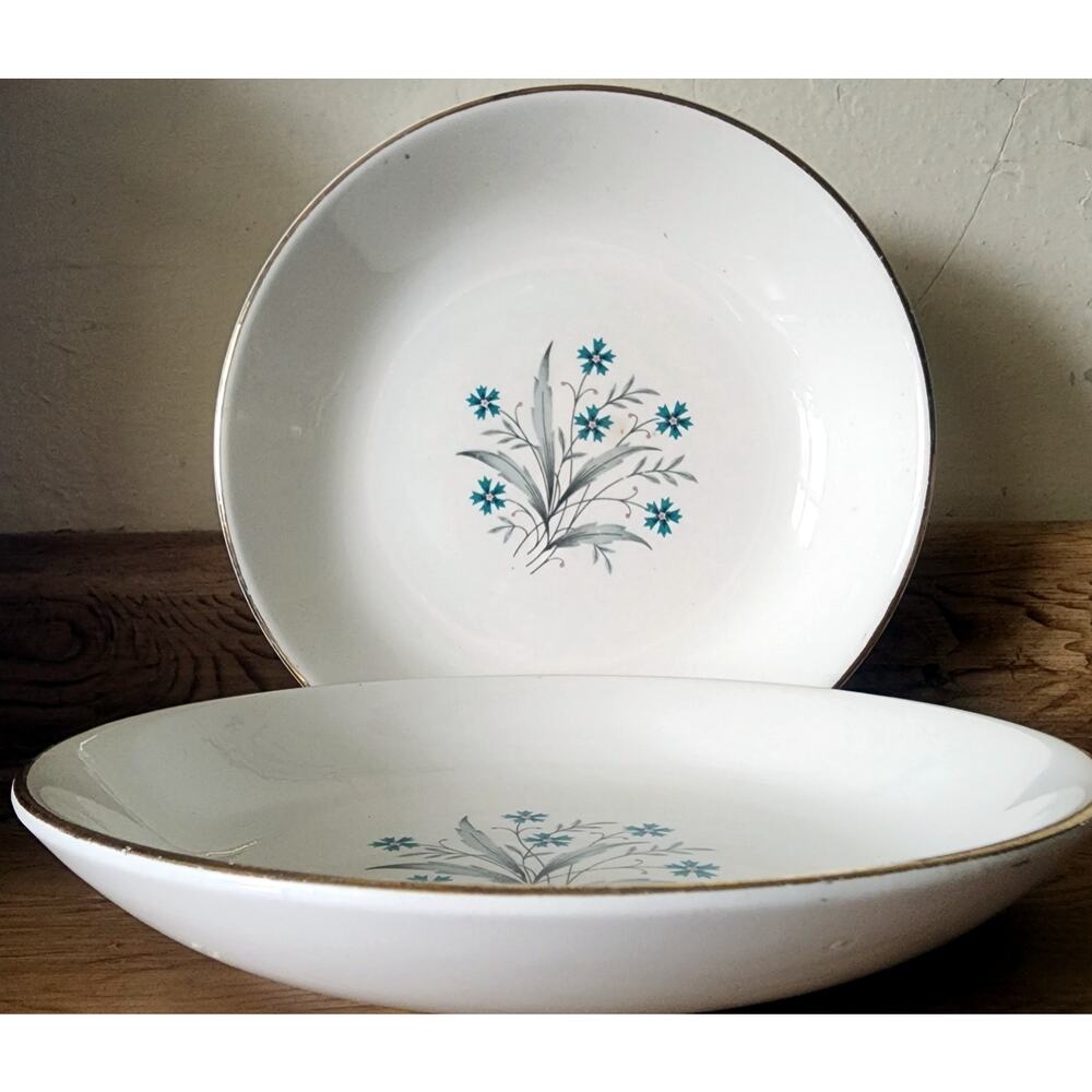 2 SCIO Hampton Coupe Soup Bowls Cornflower Teal Turquoise Flower 7 1/2 Inch